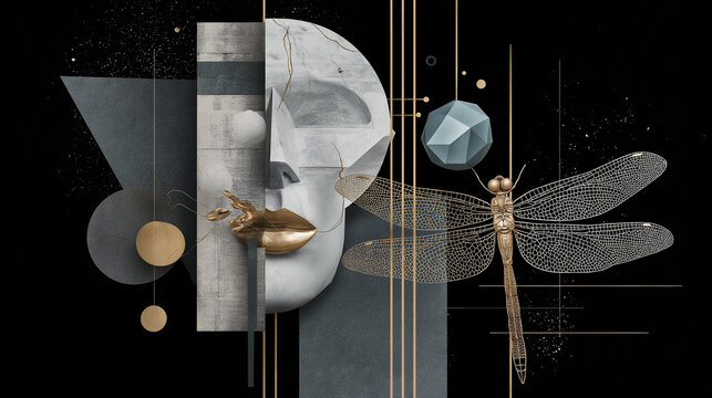 Abstract Artistic Female Face with Dragonfly and Geometric Shapes, Elegant Minimalist Contemporary Art Illustration