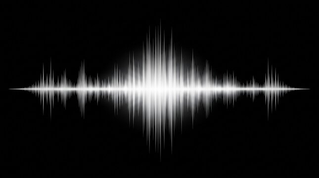 Glowing white audio waveform visualization concept on a dark background for music production