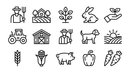 Fototapeta premium Organic farming and agriculture line icons set featuring farmer tractor barn livestock crops vegetables and sprout outline vector illustration set
