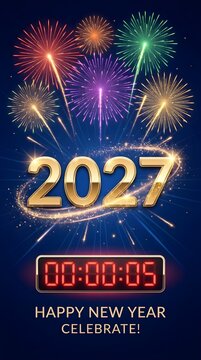 Happy new year 2027 celebration greeting card design with golden numbers and colorful fireworks in the night sky with a digital countdown timer showing five seconds remaining