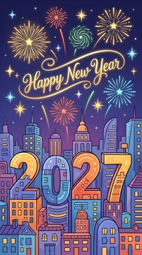 Happy new year 2027 greeting card design with colorful fireworks exploding over a stylized urban city skyline at night featuring bright buildings and festive celebration vibes