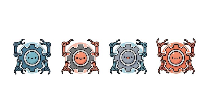 Icon, robot gear set of four cute mechanical characters
