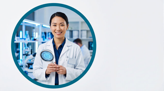 Smiling female scientist holding magnifying glass with digital brain interface in laboratory, scientific research and technology concept. Biotechnology, neuroscience, medical innovation.