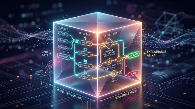 A glowing 3D cube visualization of an explainable ai (xai) decision tree model, featuring input data flow, feature processing, decision points, and final approved or denied outcomes