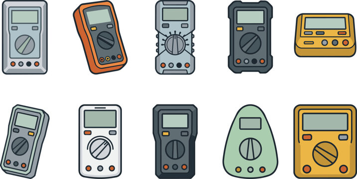 collection of various digital multimeters and electrical testing devices in flat vector icon style