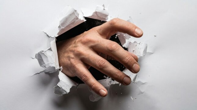 Human hand breaking through white paper, creating a torn hole and revealing a dark background. Concept of breakthrough and freedom.