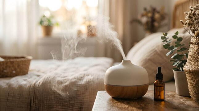 Essential oil diffuser with steam on wooden table in cozy bedroom