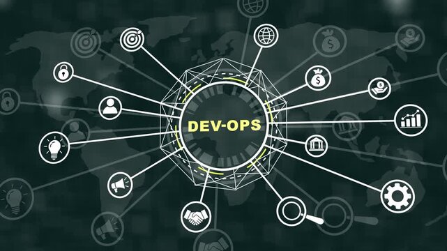 Devops software development lifecycle concept with animated digital network infographic, global connectivity and tech infrastructure integration for enterprise business solutions and cloud computing