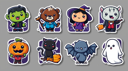 Obraz premium Cute Halloween Character Sticker Collection with Witch, Vampire, Ghost, Bat and Black Cat, Spooky Cartoon Vector Illustration