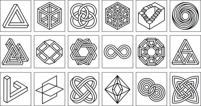 Impossible Geometric Shapes and Optical Illusion Icon Set with Penrose Triangle Paradox Cubes Infinity Loop and Sacred Geometry Line Art Designs