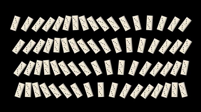Rows of white dominoes set in a choreographed motion sequence layout over solid black background