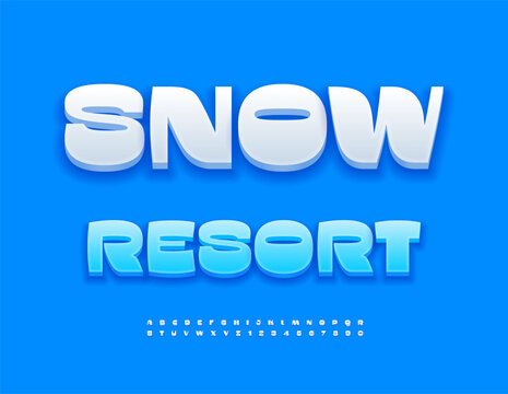 Vector Creative emblem Snow Resort. Fashion White 3D Font. Classy Alphabet Letters and Numbers set.