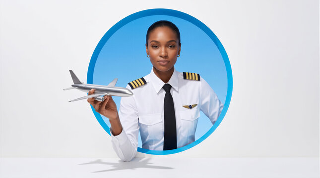 Female pilot in uniform holding miniature airplane model, blue circular frame, white background, looking at camera. Aviation, travel, airline industry, transport concept.