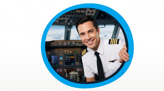 Smiling pilot in uniform inside airplane cockpit, looking at camera, aviation controls and windows view clouds. Aviation, travel, transportation, airline industry.