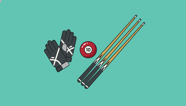 Billiards equipment including three cue sticks a red ball with the number ten and a pair of black gloves on a green table.