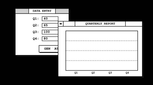 Retro Computer Interface Data Entry and Quarterly Report Bar Chart Generation