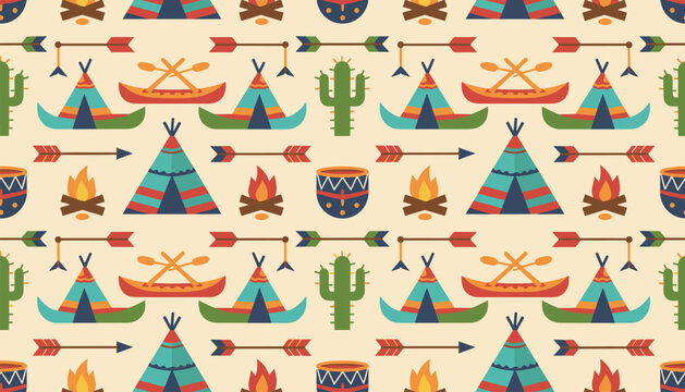 Colorful seamless pattern featuring Native American symbols like teepees, canoes, cactus, arrows, drums, and warm campfires.