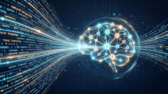 Glowing digital brain icon connected to a stream of flowing text, code, and data lines on a dark blue technological background, representing artificial intelligence