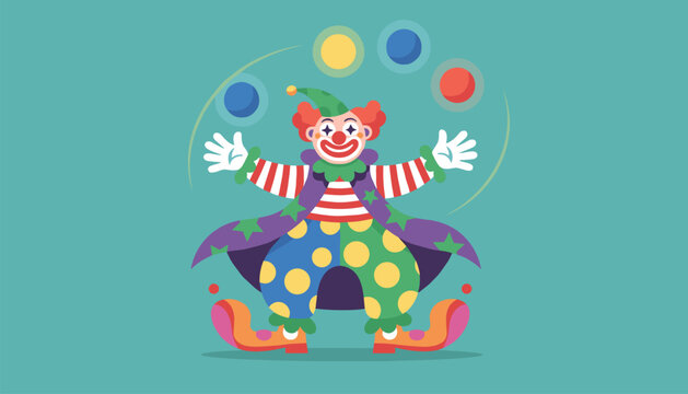 Colorful circus clown with red hair and a polka dot outfit juggling several balls while smiling against a bright teal background.