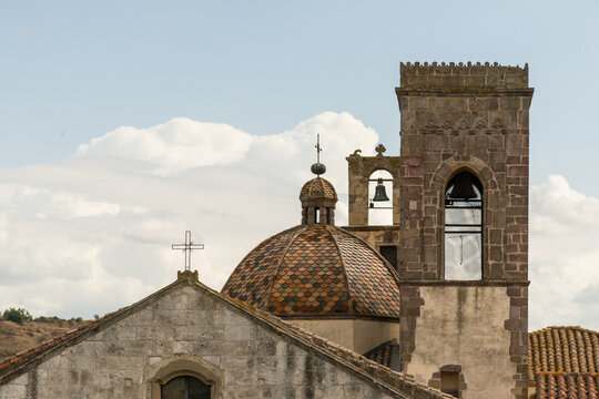 Italy, Sardinia, Barumini.  Architectural detail of the church of the Immaculate Conception.  