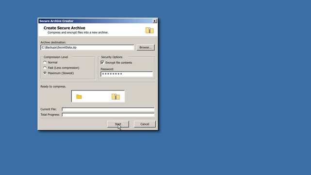 Computer software interface creating a secure encrypted archive file