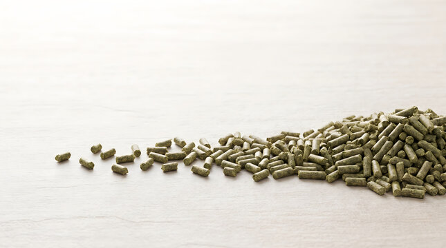 A close-up view of alfalfa pellet feed scattered on a light surface showcasing agricultural animal nutrition