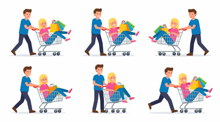 Fototapeta premium Six identical illustrations of a man pushing a smiling woman in a shopping cart, who is holding colorful shopping bags.