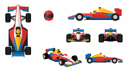 Fototapeta premium Multiple detailed views of a vibrant red, blue, and yellow Formula 1 race car and a matching racing helmet on a white background.