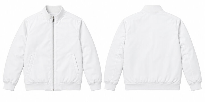 White zip-up bomber jacket mockup, front and back views on white background