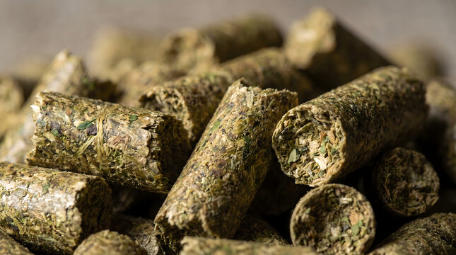 A close-up shot of nutritious alfalfa pellet feed for livestock and horses, showcasing organic compressed forage.