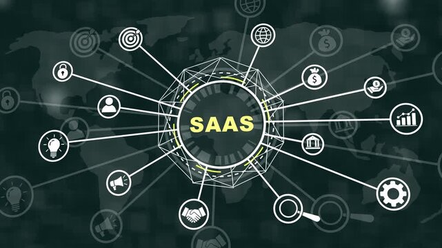 Dynamic saas software as a service digital network infographic featuring animated global connectivity business growth analytics, cloud computing infrastructure, and modern corporate technology