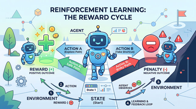 Reinforcement learning infographic, the reward cycle diagram featuring a blue robot agent navigating between positive reward and negative penalty paths