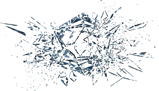 Explosive impact of shattered clear glass shards with broken glass white background explosion isolated dangerous destruction transparent abstract
