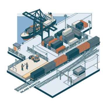 Clean Isometric of Inland Container Port with Ships Cranes Trains and Workers in Action with high quality professional line art symbols for modern creative design and digital branding projects