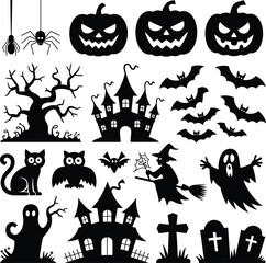 Fototapeta premium Creepy Halloween graphic icon collection featuring jack o lantern pumpkins flying ghosts witches graves and haunted houses