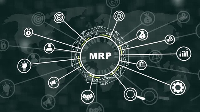 Dynamic mrp requirements planning concept featuring interconnected digital business global network connectivity, data analytics, supply chain management, and corporate strategy infographics