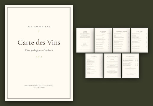 Wine List Menu Template, Elegant Drinks & Beverage Menu Booklet for Restaurants, Bistros, Bars & Fine Dining