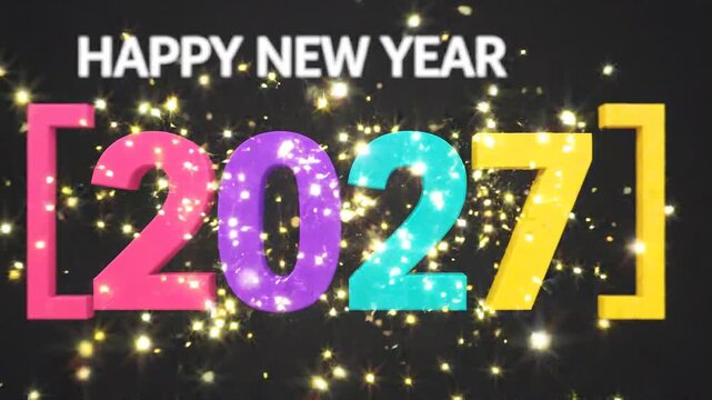 Happy new year 2027 greeting with vibrant colorful 3 d numbers and sparkling fireworks effect