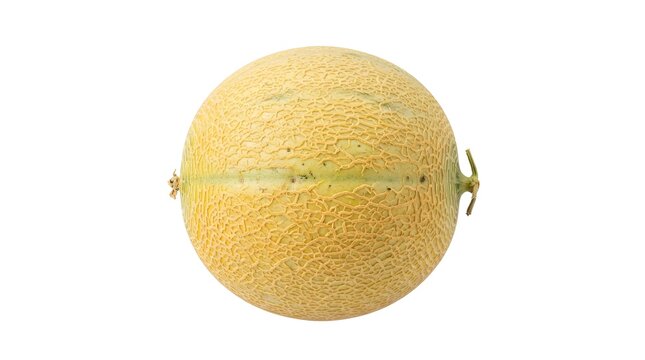 Whole ripe Galia melon isolated on white background, studio shot of a fresh yellow textured cantaloupe hybrid fruit for healthy food design