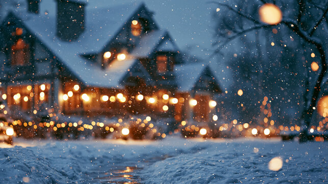 Cozy house decorated with warm string lights during a beautiful winter evening snowfall, creating a festive holiday atmosphere
