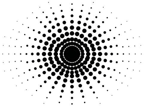 Abstract circular halftone pattern with radial black dots on a transparent background for modern graphic design textures