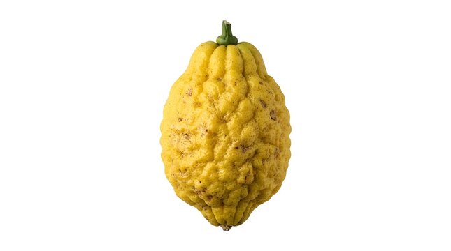 Single Ripe Etrog Citron Fruit Isolated on White Background, Traditional Jewish Sukkot Ritual Object, Textured Yellow Citrus Fruit Close-up