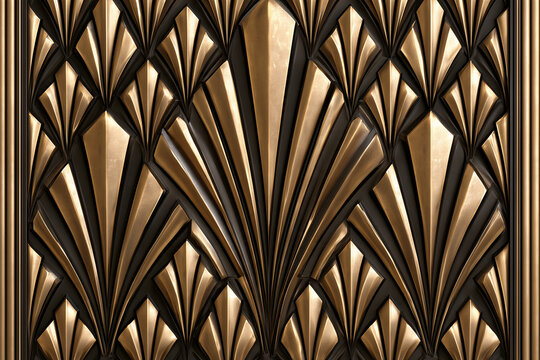 Art deco repeating fan scallop pattern on bronze decorative facade panel, close up