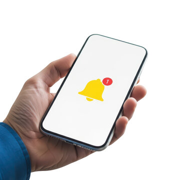 Close-up of human hand holding a modern smartphone displaying a yellow notification bell icon on screen representing alerts and updates