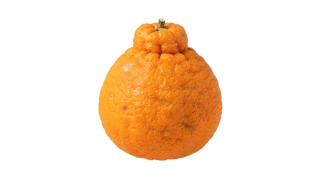 Single fresh Dekopon citrus fruit with characteristic top knot, isolated on a clean white background, high quality studio food photography