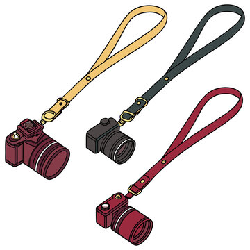 Contemporary digital cameras with vibrant wrist straps, an isometric illustration showcasing stylish and compact models for modern photography needs, perfect for everyday use