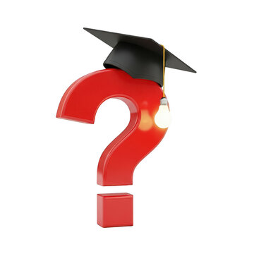 Red question mark wearing a graduation cap with a glowing light bulb hanging on a string isolated on white