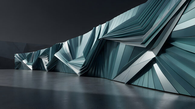 Abstract computational architectural wall with geometric teal panels