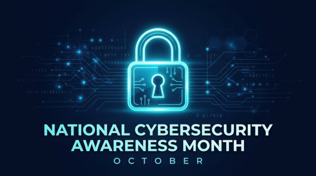 National cybersecurity awareness month concept with glowing digital padlock and binary code background