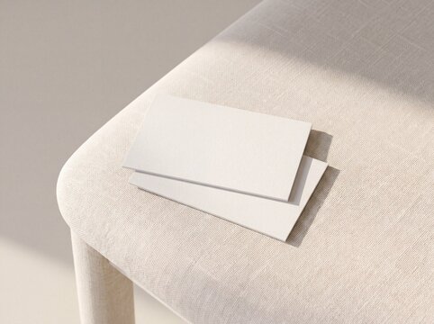 Minimalist blank business card mockup resting on beige fabric chair with sunlight shadow